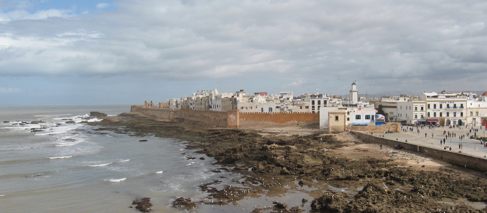 The ramparts of Essaouira curving along the Atlantic coast toward the medina