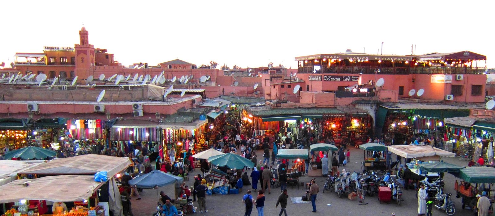 Jemaa el-Fna square and the Marrakech medina rooftops, seen from a café terrace